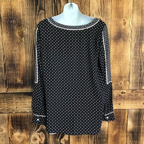 NEW Loft Geometric Printed Long Sleeve Boat Neck l Blouse Black Sz XS - Picture 3 of 6